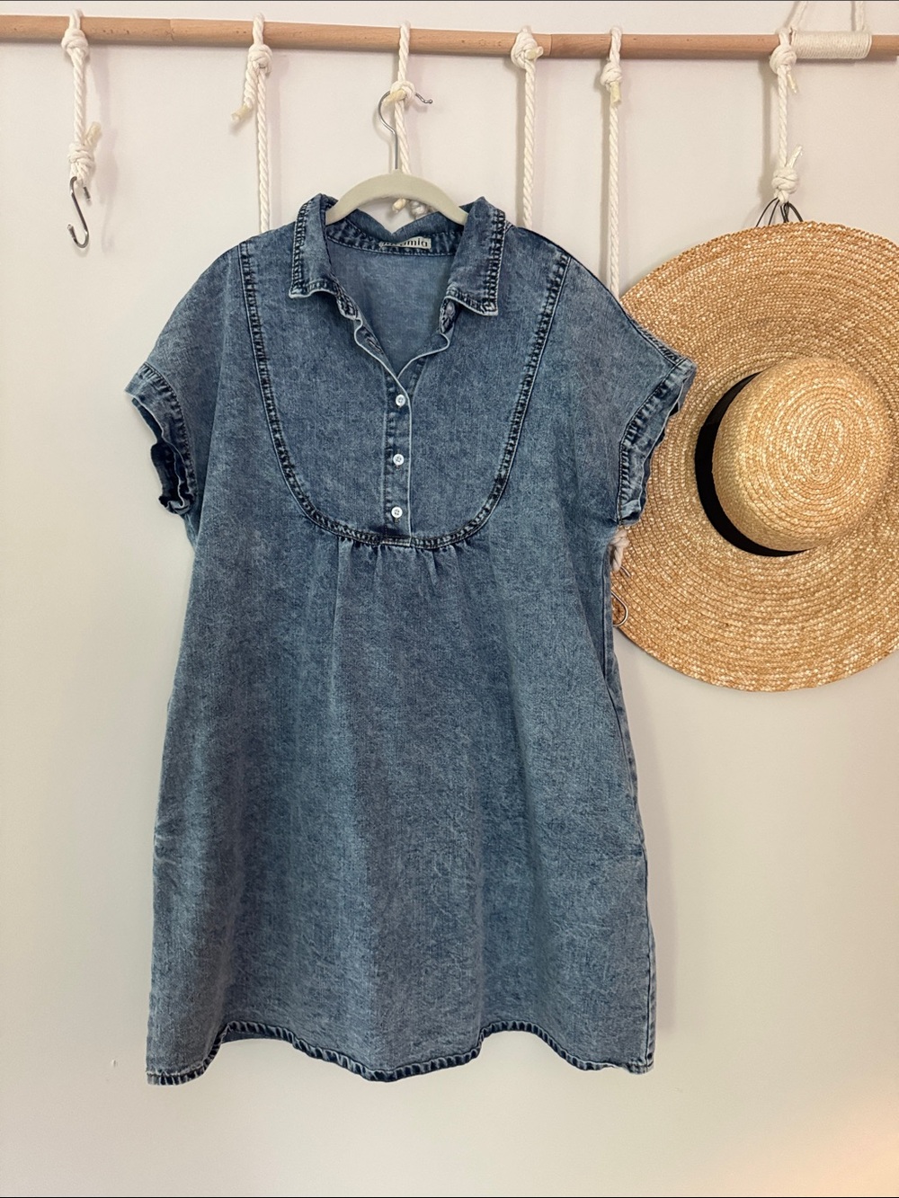Denim Mini Dress - Blue Washed Short Sleeve